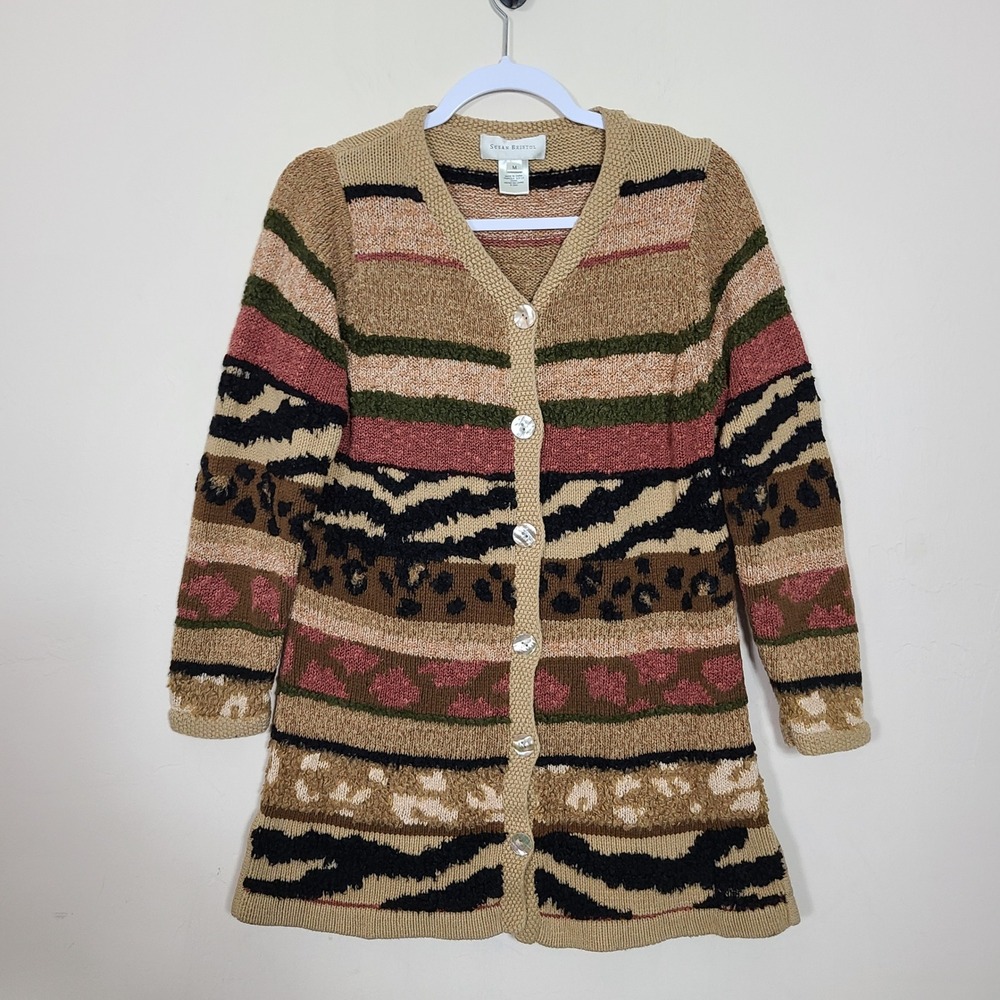 Susan Bristol M Cardigan Knit Striped Animal Print Cozy Safari Girl Vtg Retro